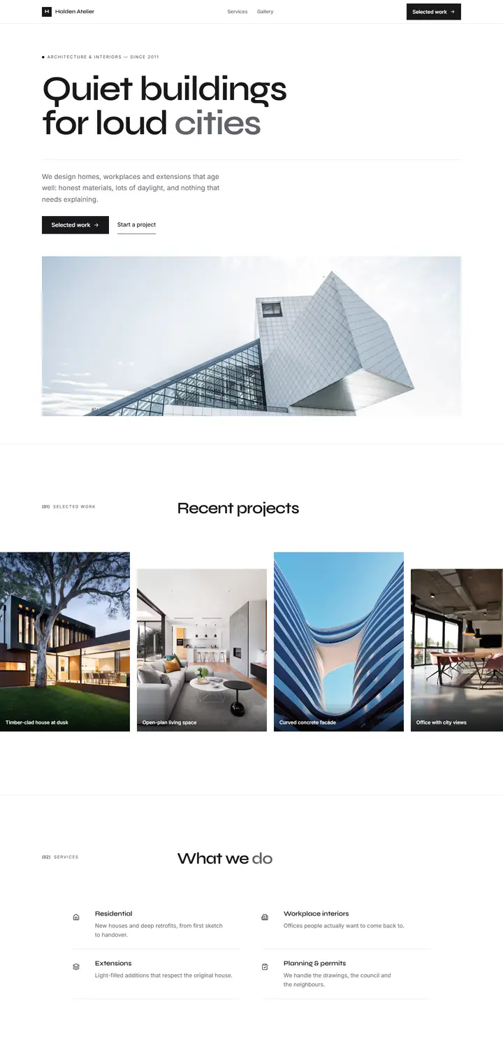Website for Halden Atelier, an architecture and interiors studio: minimal black-and-white layout with oversized type, thin grid lines, a project photo strip and a numbered services list.