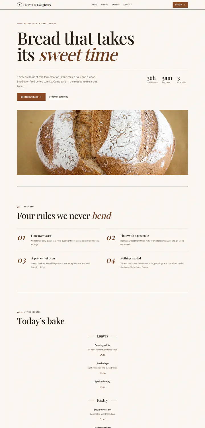 Website for Fournil & Daughters, an artisan bakery: serif magazine-style headline over a sourdough photo, numbered craft notes and a printed-style menu.