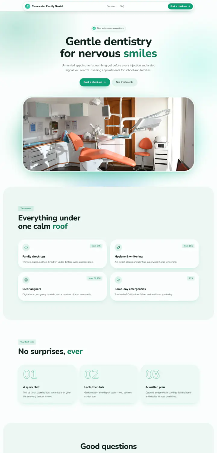 Website for Clearwater Family Dental: soft rounded mint design with a floating pill navigation, a centred welcoming headline over a bright treatment-room photo and treatment cards.