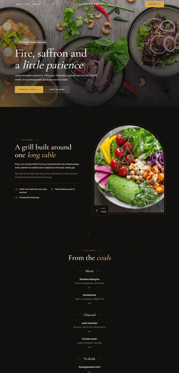 Website for Saffron & Ember, a charcoal grill and mezze house: full-bleed dark photo of grilled dishes with gold serif type, an arched image story and an à la carte menu.