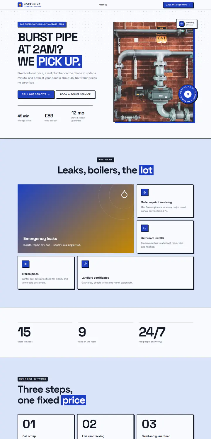 Website for Northline Plumbing & Heating in its own navy and amber brand colours with its logo: huge tight headline, hard-shadow cards and big response-time numbers.