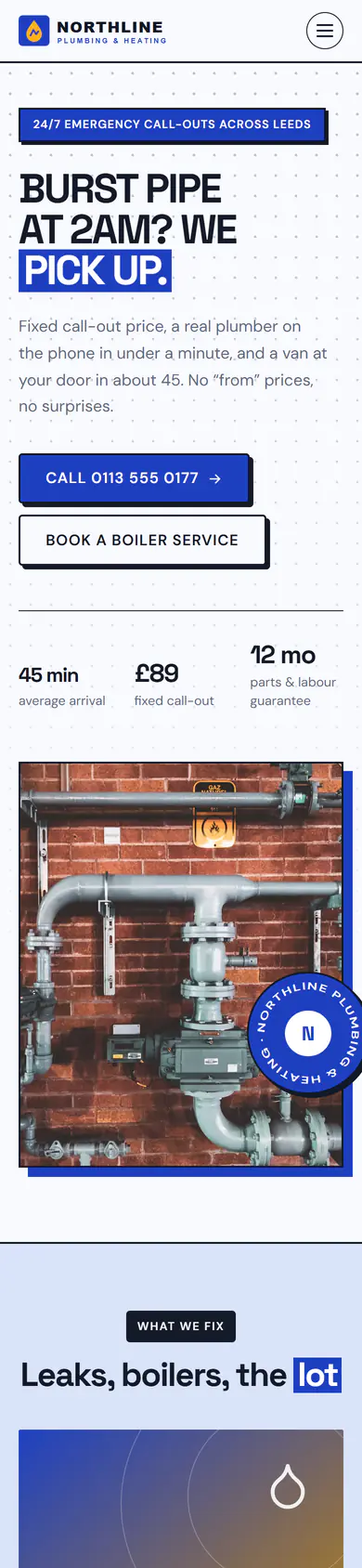 Website for Northline Plumbing & Heating in its own navy and amber brand colours with its logo: huge tight headline, hard-shadow cards and big response-time numbers. Shown on a phone.