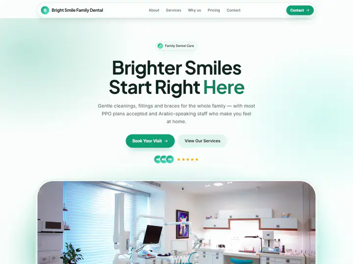 Homepage built from this prompt for Bright Smile Family Dental (dental clinic)