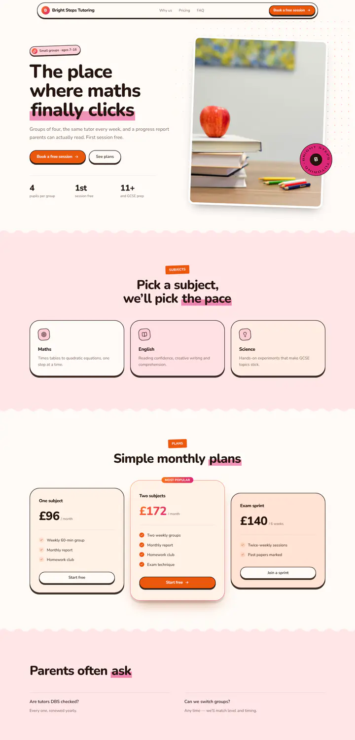 Website for Bright Steps Tutoring: playful orange design with chunky pill buttons, a tilted photo frame with a sticker, subject cards and simple monthly plans.